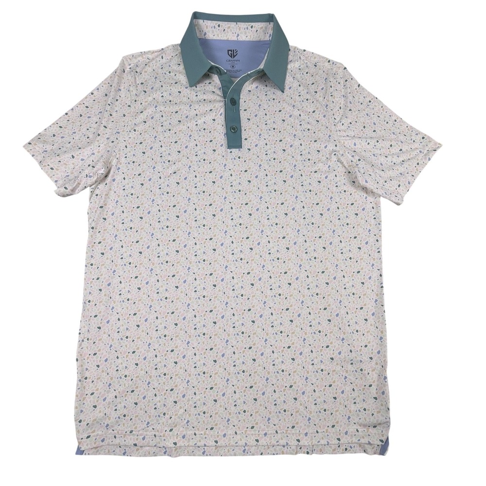 Graham Luxe Polo Shirt Mens M White Multicolor Terrazzo Print Performance Golf